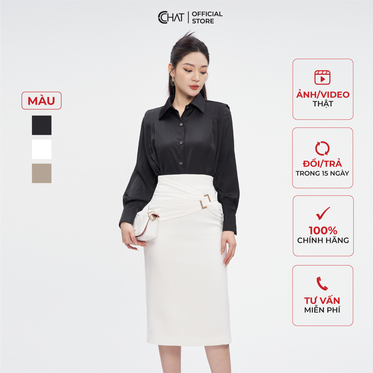 Áo Sơ Mi Nữ  Kiểu Cutout Trang Trí Dây Chất Lụa Cao Cấp Mềm Mịn 53FDL2003ST