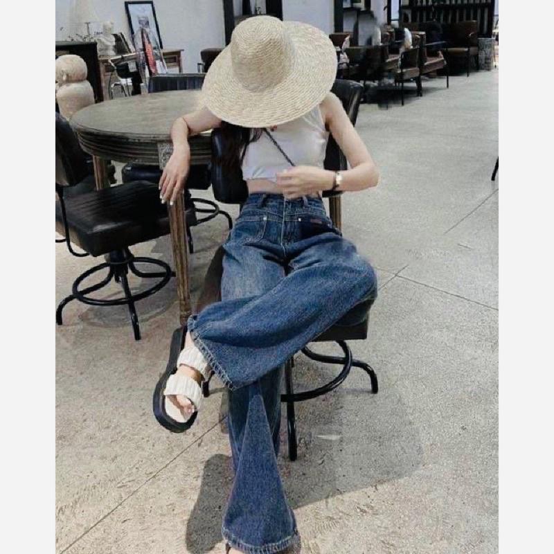 Quần jeans nữ xuông xanh 2 túi trước phối siêu cá tính