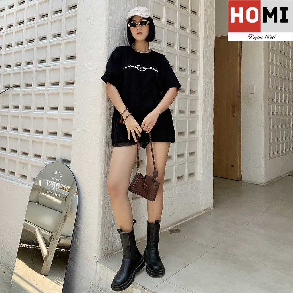 Áo thun 100% cotton co giãn 4 chiều in hình môi cách điệu - màu đen
