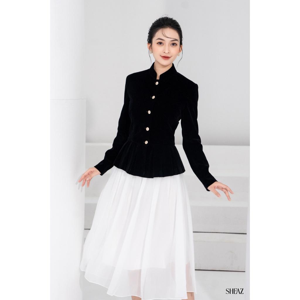 SHEAZ Áo vest blazer nhung đen thu đông cúc đồng dáng peplum