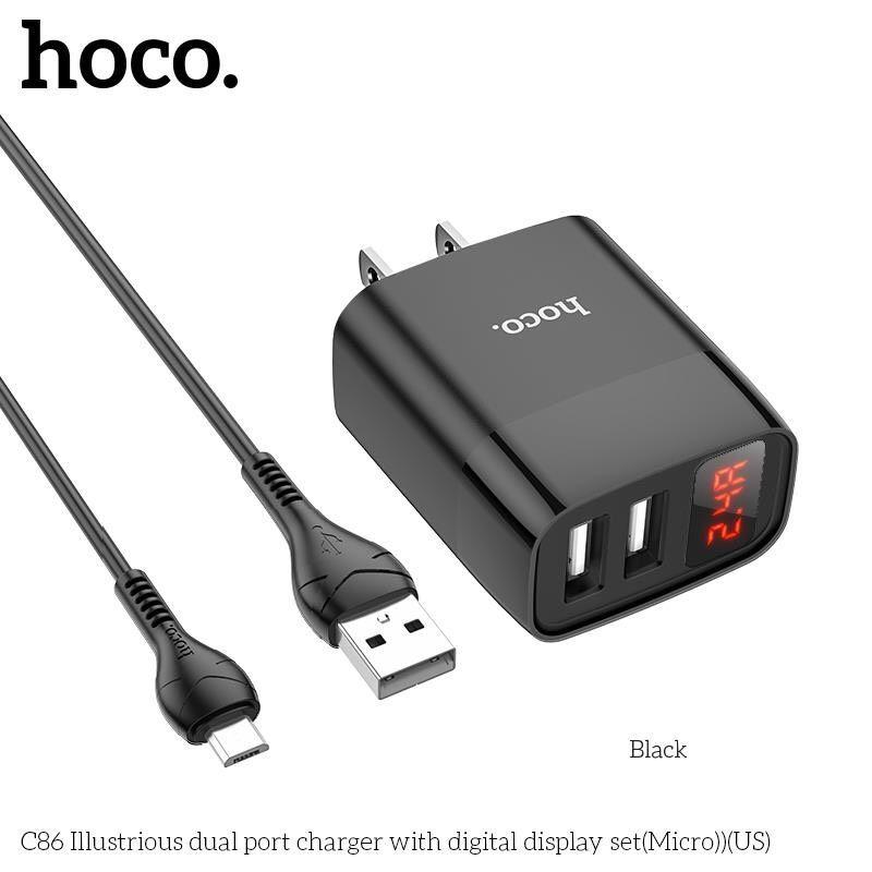 Bộ Sạc Micro-USB Hoco C86 Cho Samsung, Xiaomi, Oppo,... Bộ Sạc 2 Cổng Có Đèn Led, Sạc Nhanh MAX 2.4A - Hàng Chính Hãng