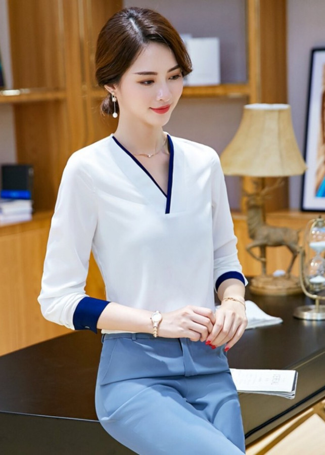 Áo sơ mi cổ v viền màu sang trọng BY6308