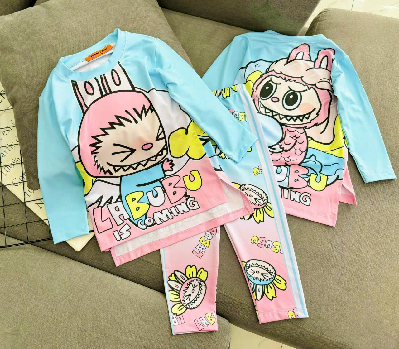 Đồ bộ ngủ dài tay cho bé gái labubu từ 12-40kg chất thun lạnh mềm mịn mát