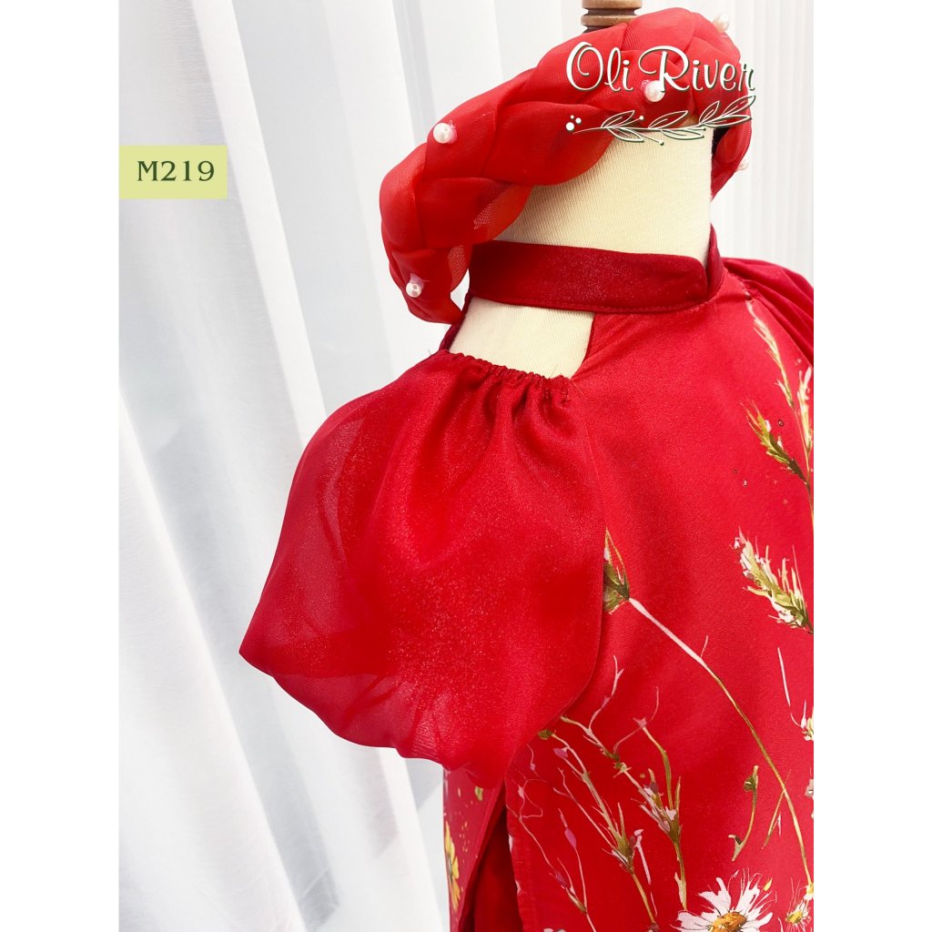 Áo dài tết cho bé gái mẫu Hoa đào Chim én mùa xuân xinh xắn từ 12-30kg hàng thiết kế cao cấp (Không kèm cài)