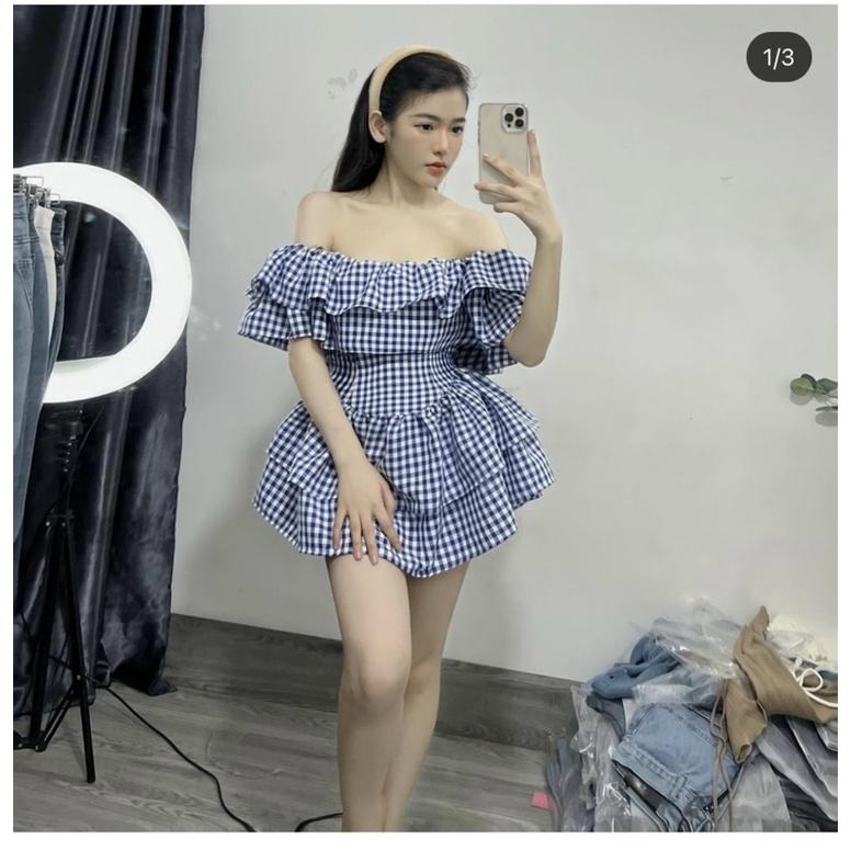 Đầm Bẹt Vai Caro Xanh Bèo Váy Xoè Tầng Siêu Xinh
