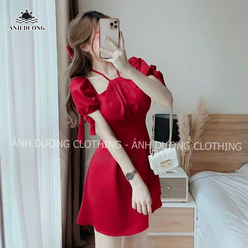 Váy nữ thời trang tay phồng cổ yếm dáng xoè cột nơ có mút Ánh Dương Clothing MS195