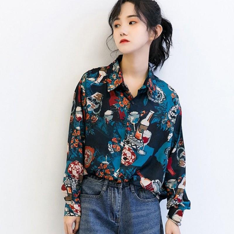 Áo Sơ Mi Tay Dài Dáng Rộng Họa Tiết In Phong Cách Vintage