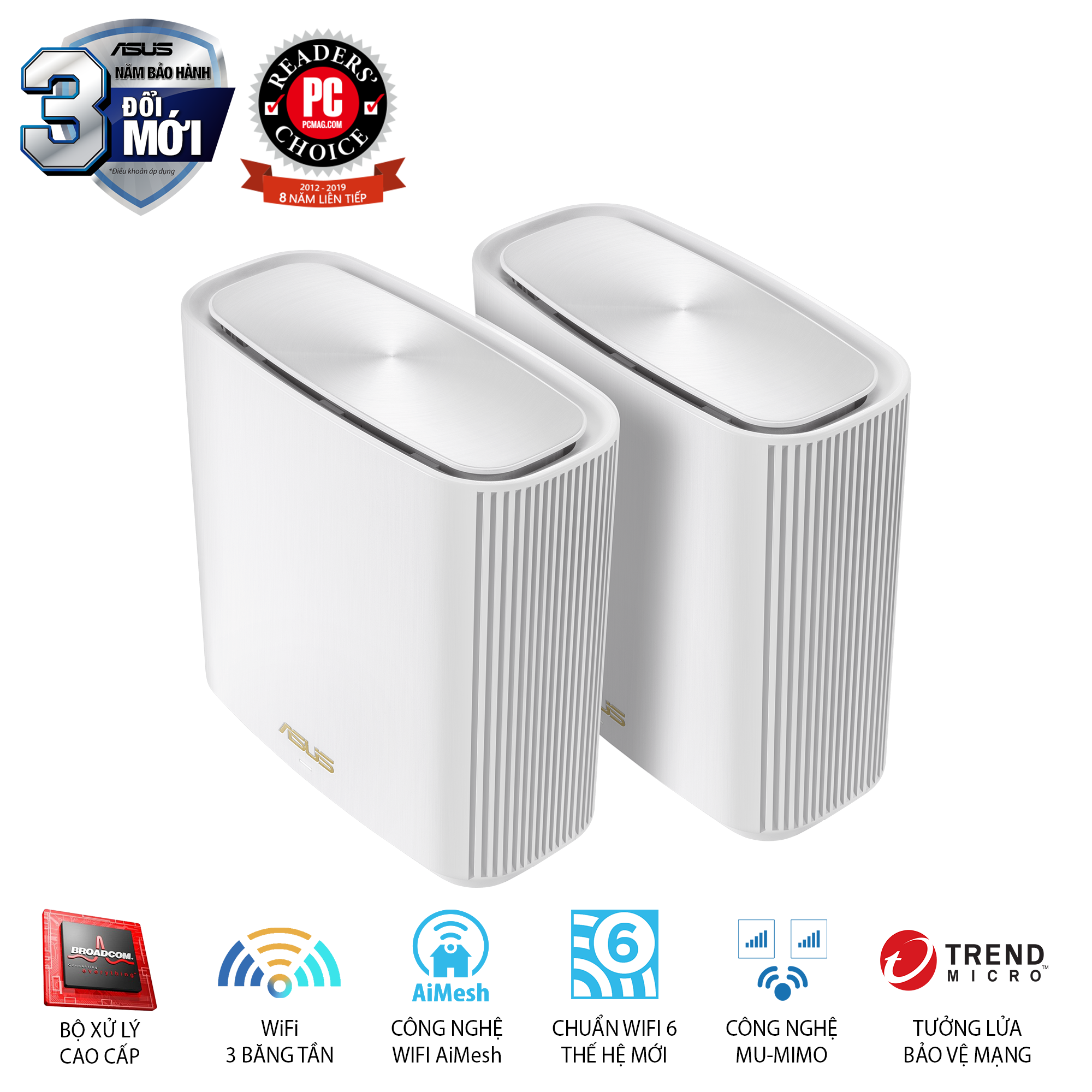 Hệ Thống MESH WI-FI 6 ASUS XT8 (W-2-PK) ZenWiFi Chuẩn AX6600 3 Băng Tần- Hàng Chính Hãng