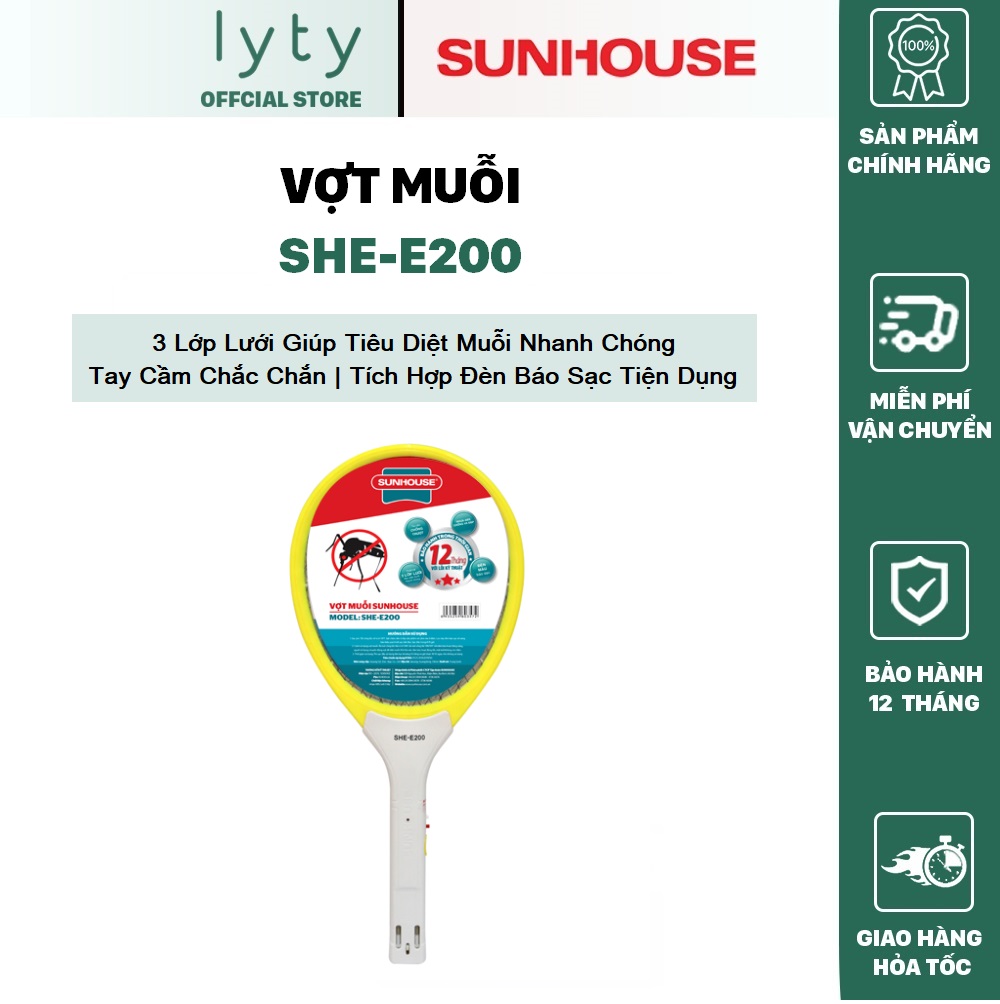 Vợt muỗi Sunhouse SHE-E200 Vàng - Sạc Nhanh - [Hàng Chính Hãng - Bảo Hành 12 Tháng]