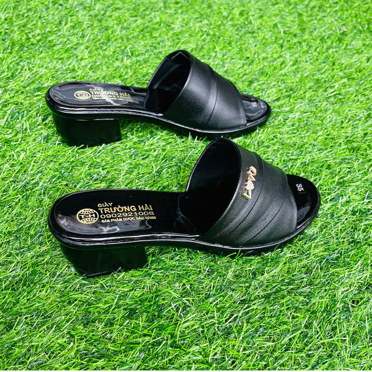 Dép nữ cao gót 3cm da mềm Trường Hải 2 màu den, kem đế PU nhẹ DN125