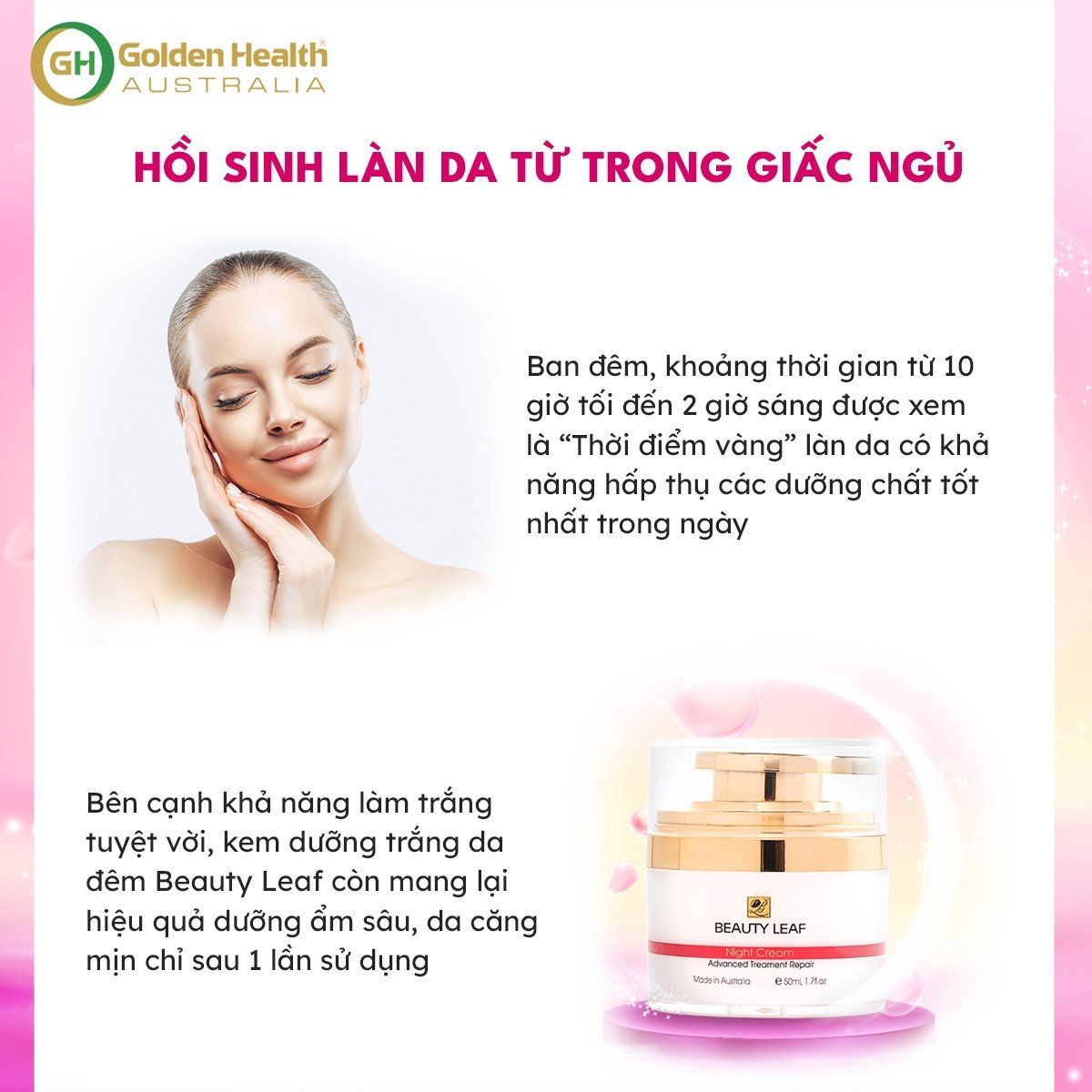 [GOLDEN HEALTH] Kem Dưỡng Trắng Da, Mờ Thâm, Nám, Tàn Nhang, Giúp Tái Tạo Da, Thúc Đẩy Quá Trình Tổng Hợp Collagen, Tăng Cường Phục Hồi Da Ban Đêm Beauty Leaf Whitening Complex 50ml