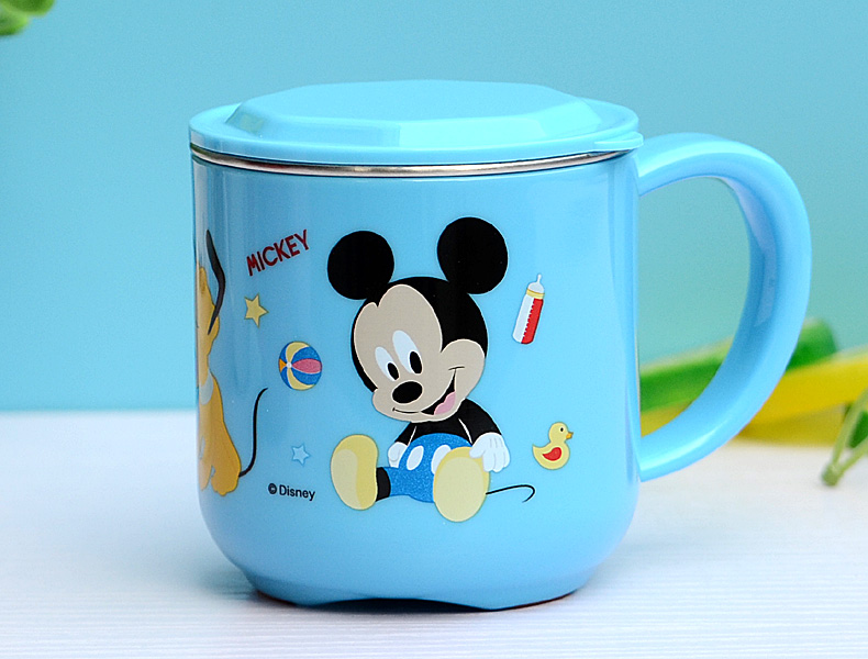 Ly cốc giữ nhiệt Disney in hình chuột Mickey Minnie Mouse màu xanh có nắp và quai cầm cho bé - 260ml
