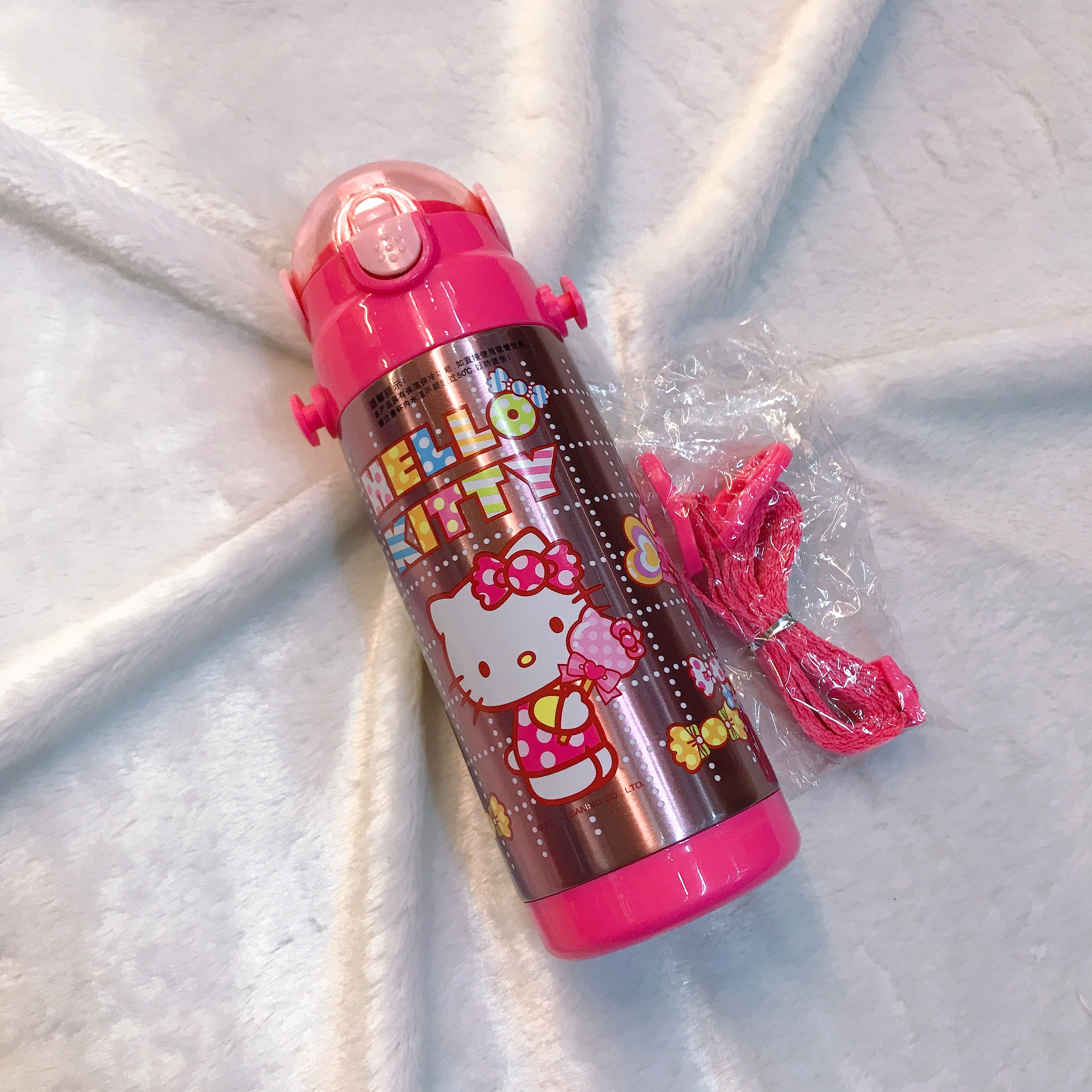 Bình nước giữ nhiệt hình mèo Kitty chấm ô vuông nắp trong suốt màu hồng đậm cho trẻ em, bé gái -  - KT3610HD