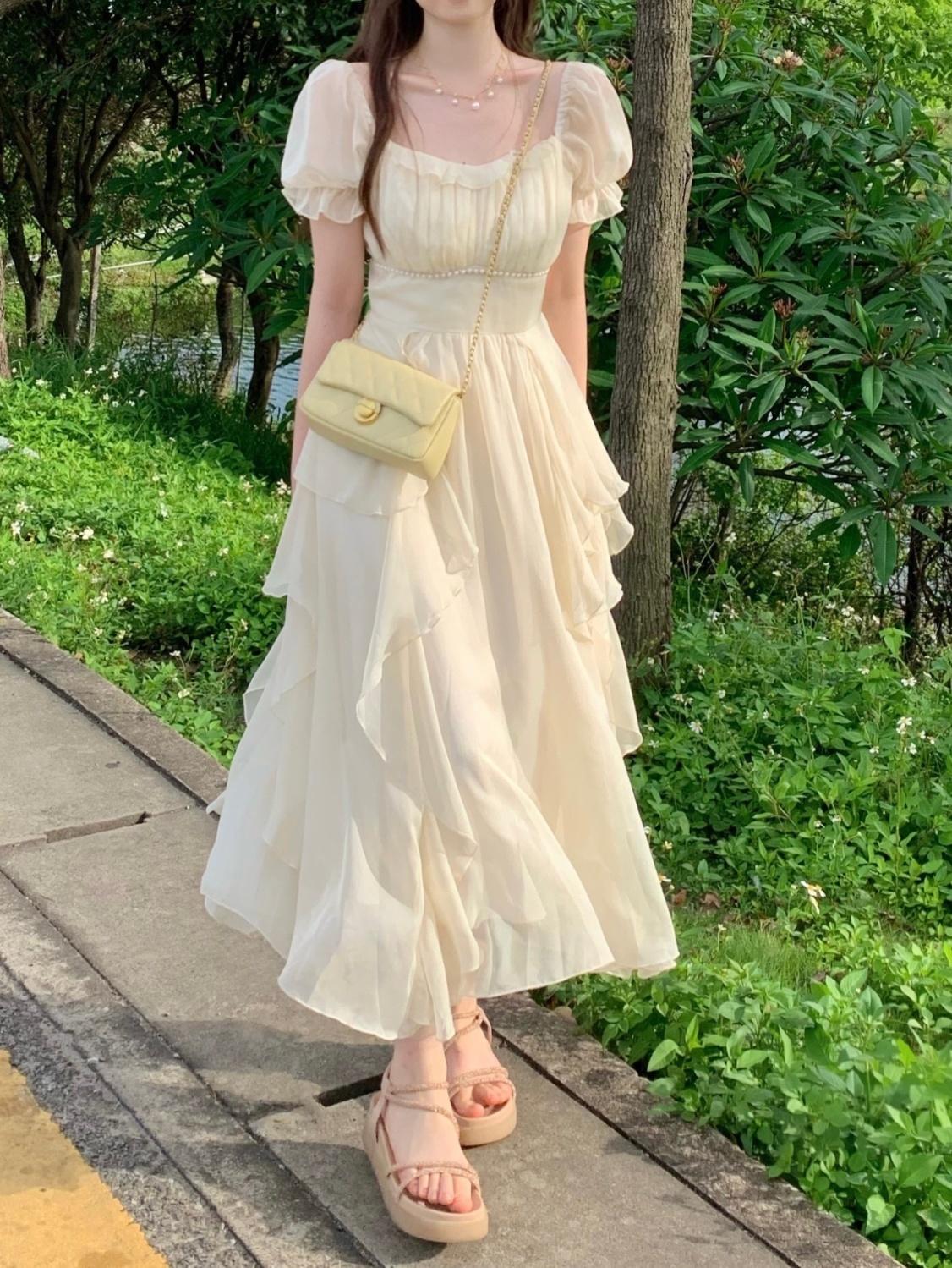 SHUANGYAN Phong cách Pháp cổ vuông nhẹ nhàng Fairy Wind Dress cho phụ nữ mùa hè 2023 Thắt lưng cho phụ nữ