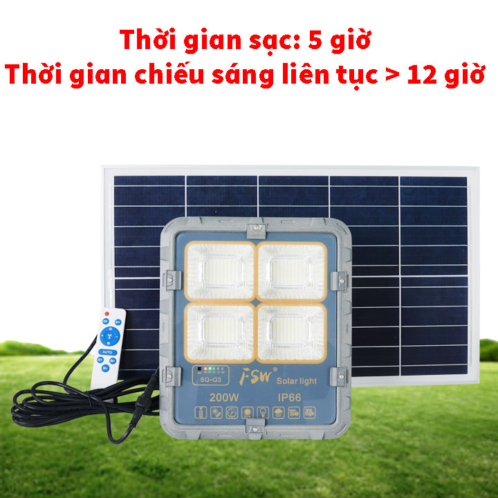 Đèn pha năng lượng mặt trời 200W cao cấp FSW-200 dây dài 5m ánh sáng trắng chiếu sáng liên tục trên 12h