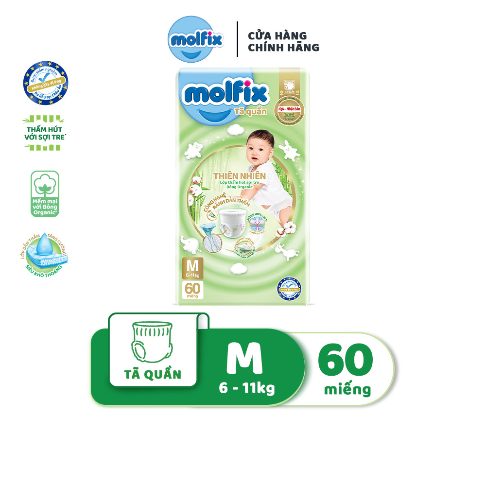 Tã/bỉm quần Molfix Thiên nhiên Super Jumbo M - Gói 60 miếng