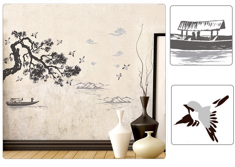 Decal dán tường sơn thủy á đông cành đào nở rộ