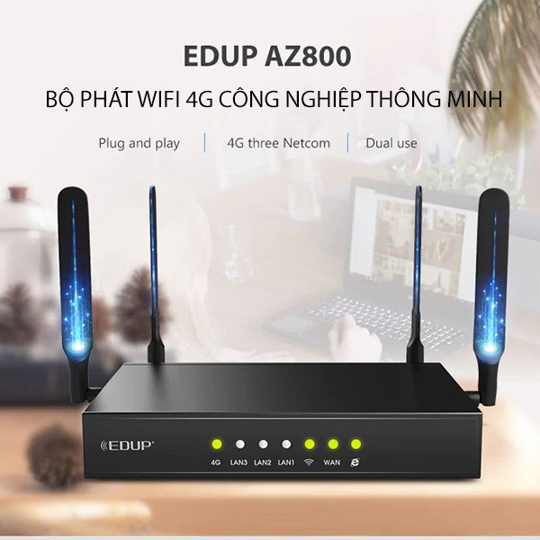 Bộ Phát Wifi 4G Công Nghiệp Edup AZ800 Tốc Độ 300Mb Có 4 Ăng Ten Cực Khỏe, Kết Nối 64 Thiết Bị, Vỏ Hợp Kim Cao Cấp , Hàng chính hãng