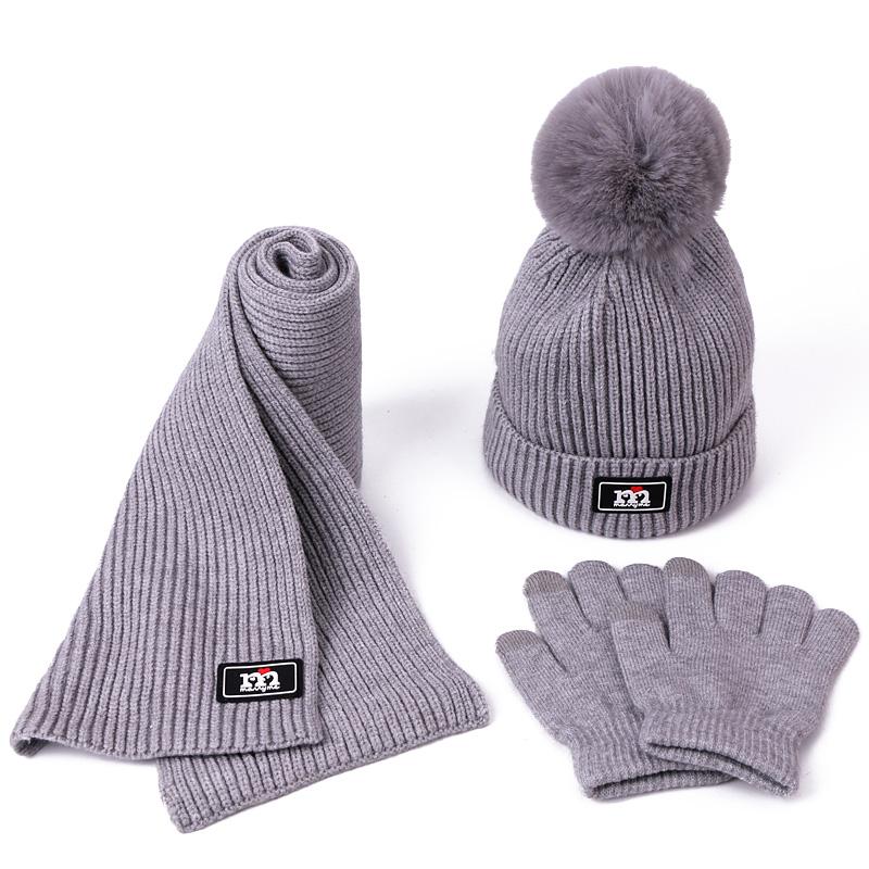 3 Mảnh Bò Mũ Khăn Găng Tay Bộ Bé Gái Trẻ Em Giả PomPon Dệt Kim Skullies Nón Trẻ Em Mùa Đông Len Nam áo Croptop Mũ Lưỡi Trai