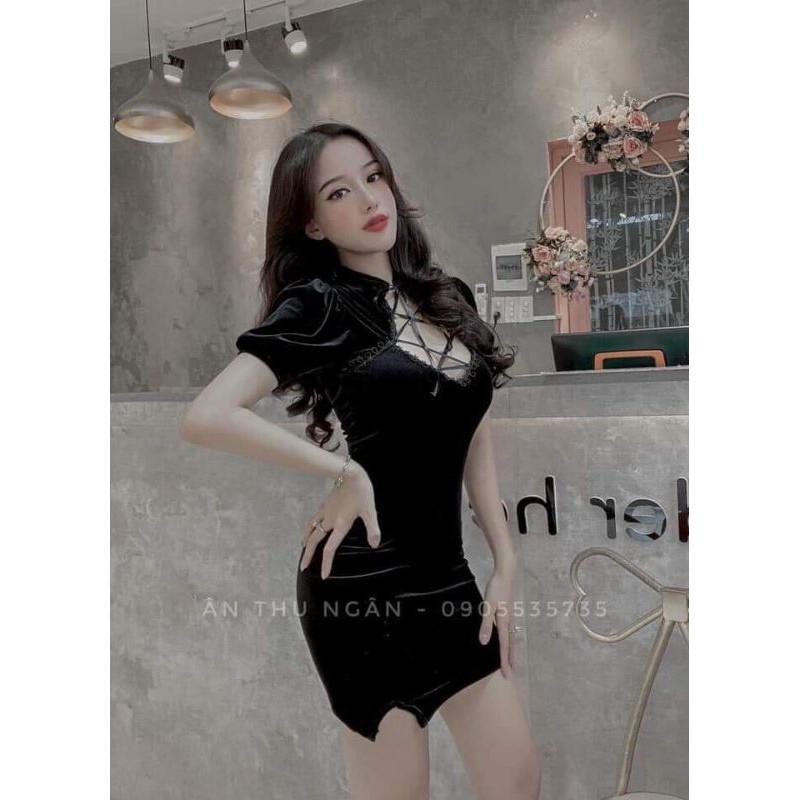 Đầm cổ tàu đan dây quyến rũ phối ren