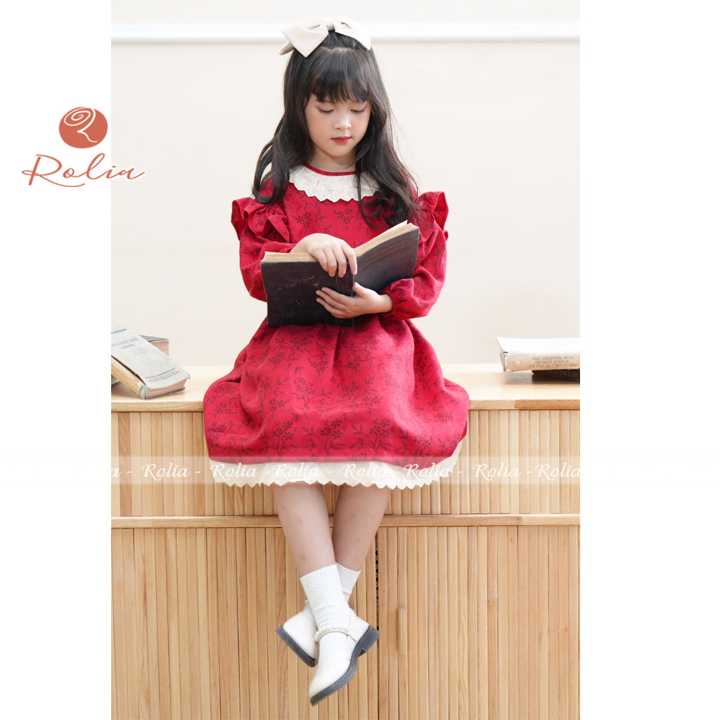 Váy nhung hoa nhí ROLIA chất nhung in hoa mặc tết cho bé gái từ 9-42kg - V48