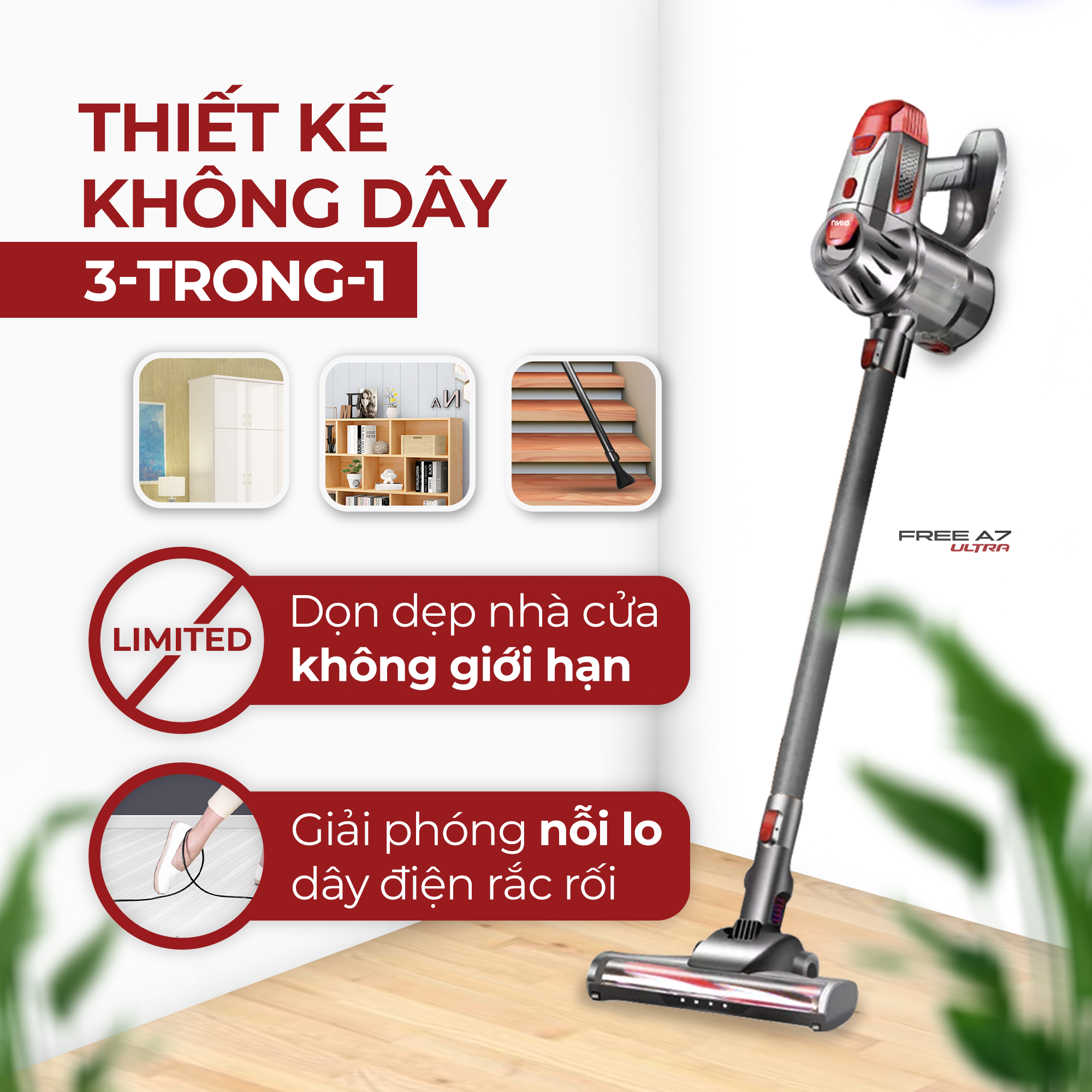 Máy Hút Bụi Cầm Tay Không Dây UNIQ Free A7 Utra Đa Năng Pin Sạc Hút Giường Nệm Xe Hơi Lực Hút Mạnh - Hàng chính hãng