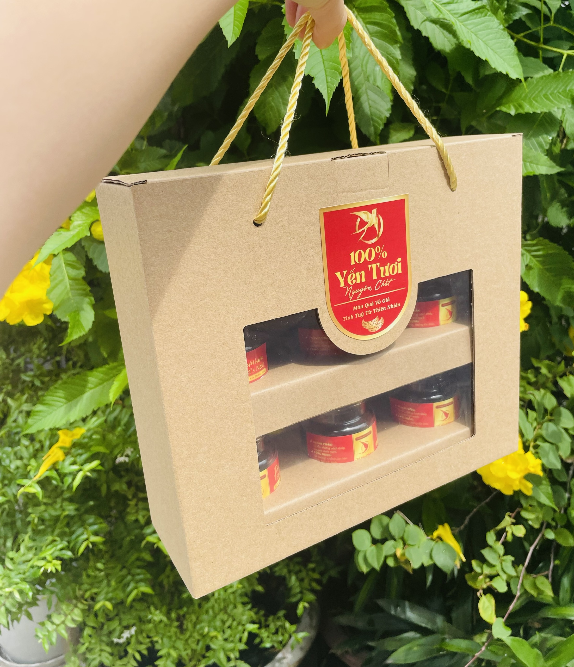 Hộp 6 hủ yến kính trong ko gồm decal tem dán - có khay cho hủ lục giác 100ml