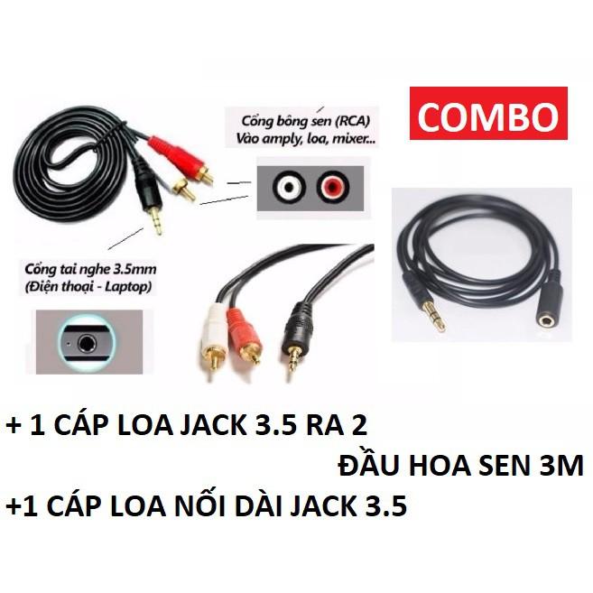 Combo Dây loa jack 3.5 ra 2 đầu hoa sen dài 3M và 1 Cáp nối dài jack 3.5 dài 1.5M