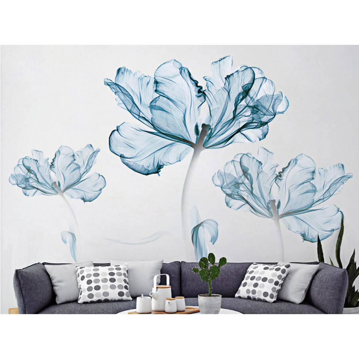 Decal dán tường hoa giấy xanh 2 mảnh