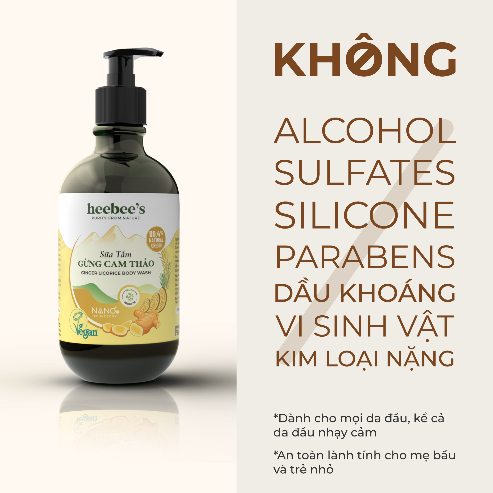 Sữa Tắm Gừng Cam Thảo Heebee's Không Sulfates, Silicone, Sạch Sâu, Dưỡng Sáng, Mềm Mịn Da, An Toàn, Lành Tính Cho Da Nhạy Cảm 300/500ml