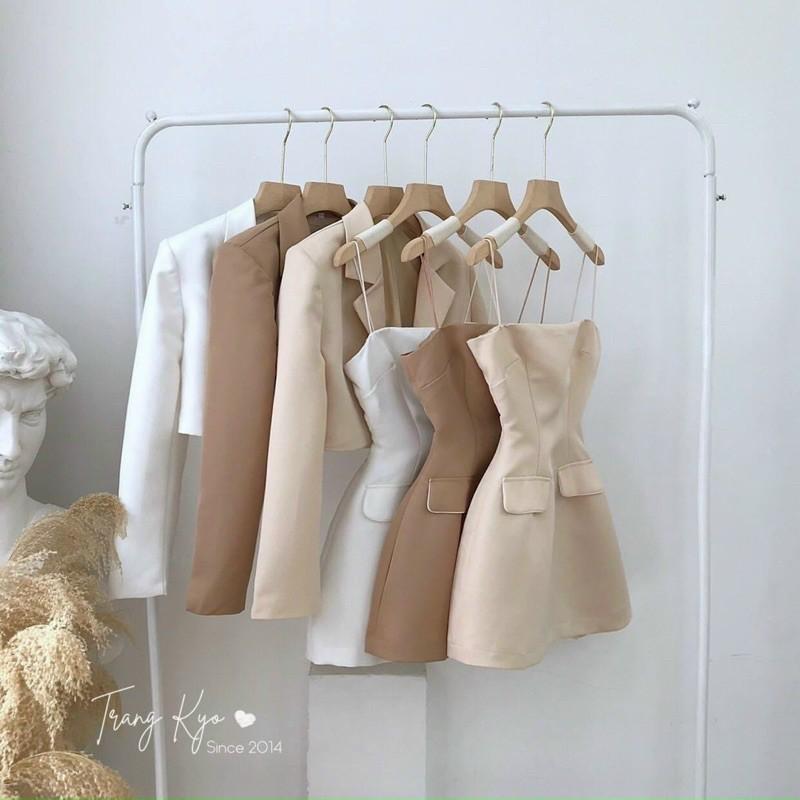 Set đầm 2 dây kèm áo khoác vét chất tuyết mưa -U