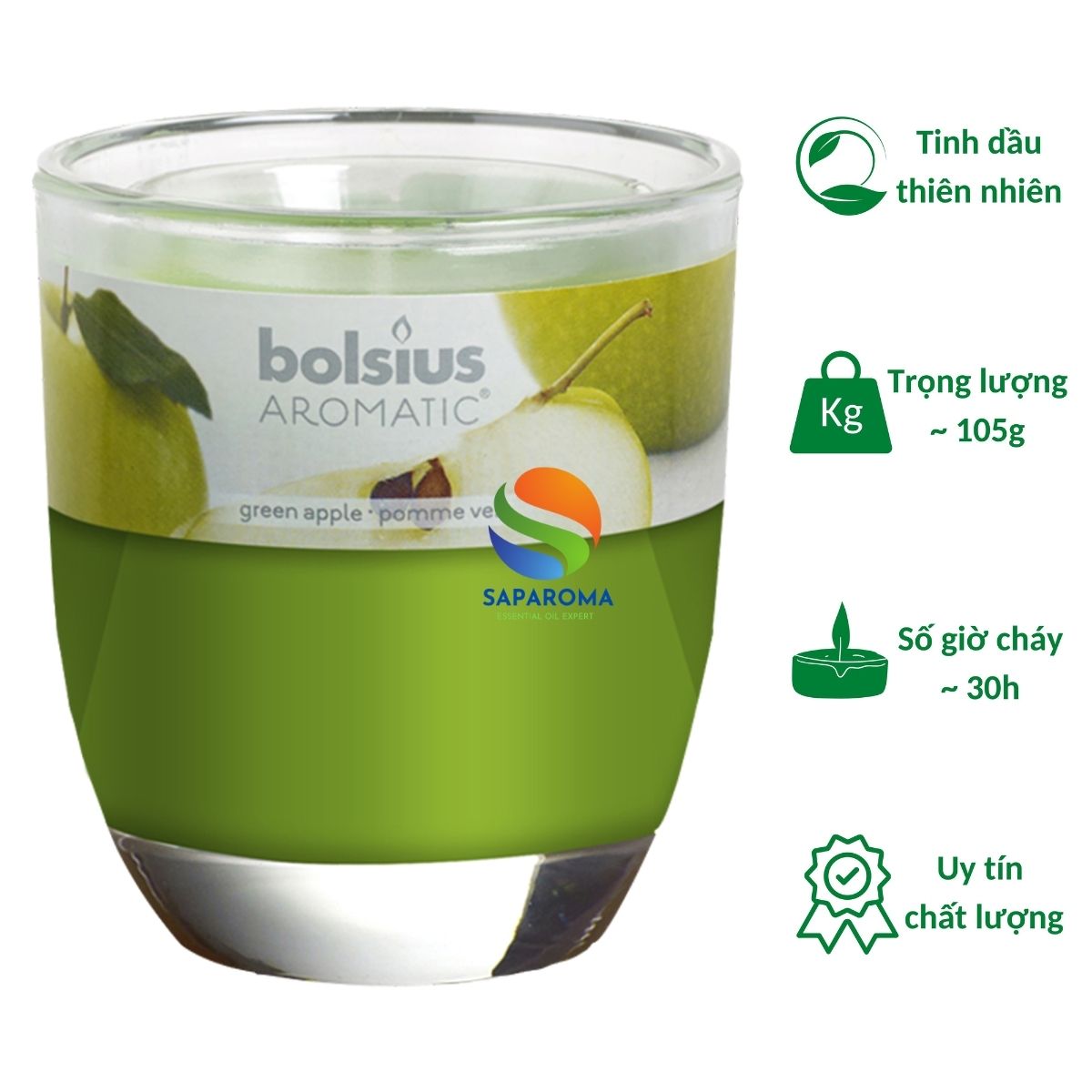 Ly nến thơm tinh dầu Bolsius Green Apple 105g QT024344 - hương táo xanh, nến trang trí, thơm phòng, thư giãn, Hỗ trợ khử mùi