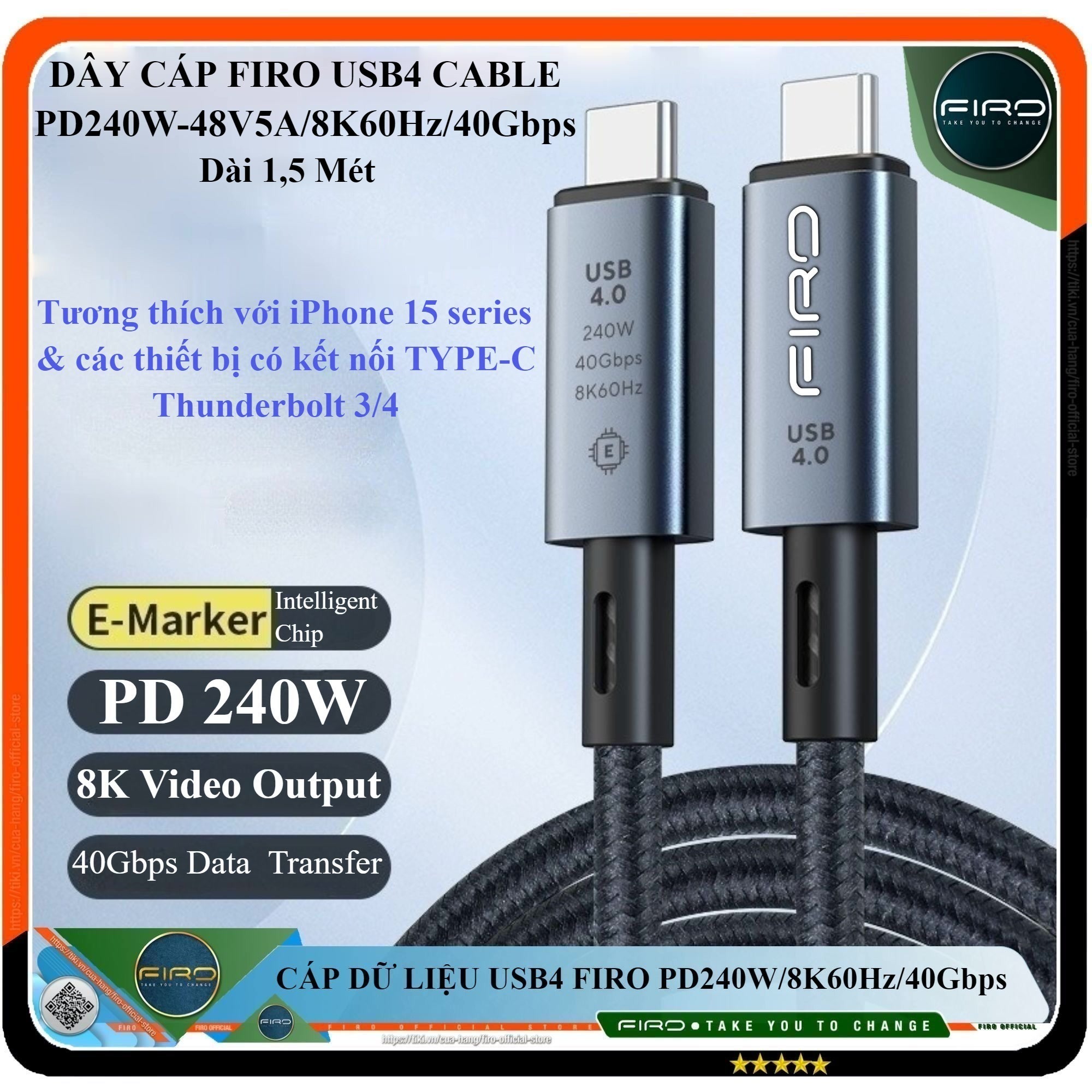 Cáp USB4 FIRO Type-C To Type-C PD240W/8K60Hz/40Gbps - Dây USB4 FIRO Tương Thích Với Thunderbolt 3/4  Đầy Đủ Tính Năng Sạc Nhanh PD240W / 8K60Hz Video / 40Gbps Data - Dài 1,5Mét Lõi Dù Dùng Cho iPhone15 Series, Macbook, Laptop, Smartphone - Hàng Chính Hãng