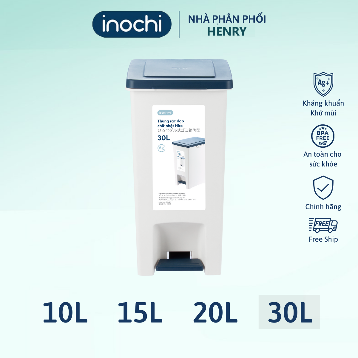 [Loại Kèm Ruột] Thùng rác đạp chữ nhật Hiro 30L (Tặng kèm Sticker) - Chính Hãng INOCHI