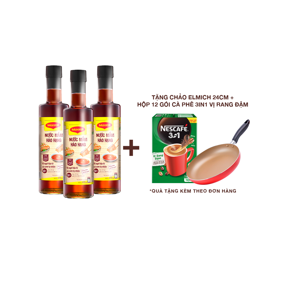 [TẶNG chảo Elmich &amp; 1 hộp Nescafé 3in1 vị Rang Đậm] Combo 3 chai nước mắm MAGGI Hảo Hạng chai thủy tinh 490ml (3*490ml)