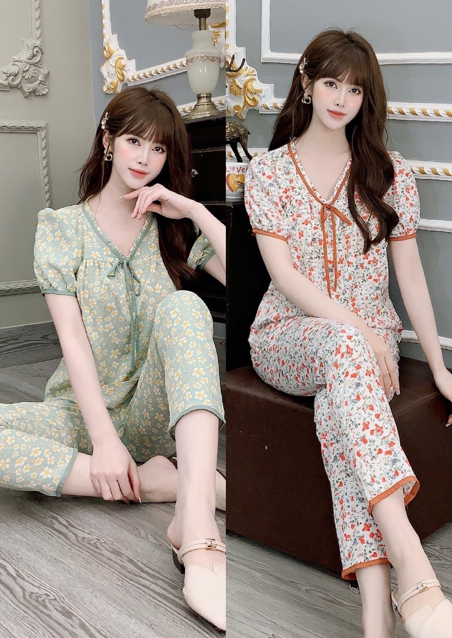 Đồ bộ mặc nhà lụa hoa nhí cổ tim nơ phối viền duyên dáng trẻ trung - SLV_02