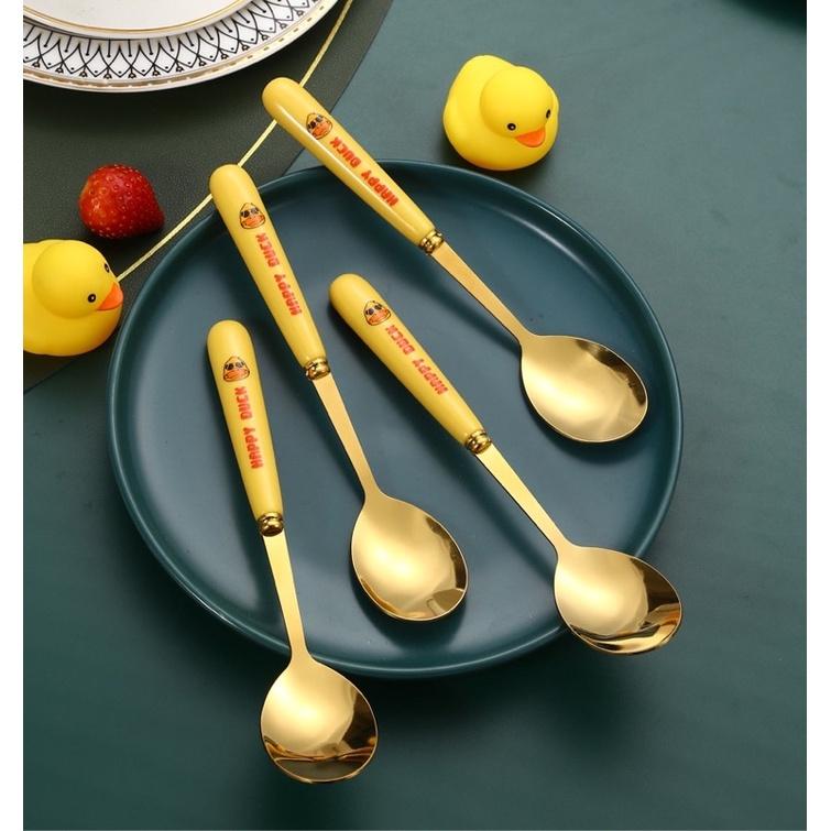 Set 6 thìa vịt vàng DUCK dễ thương kèm vỏ hộp xinh xắn - Bộ 6 muỗng hình vịt mạ vàng đáng yêu cán dài cho bé ăn dặm