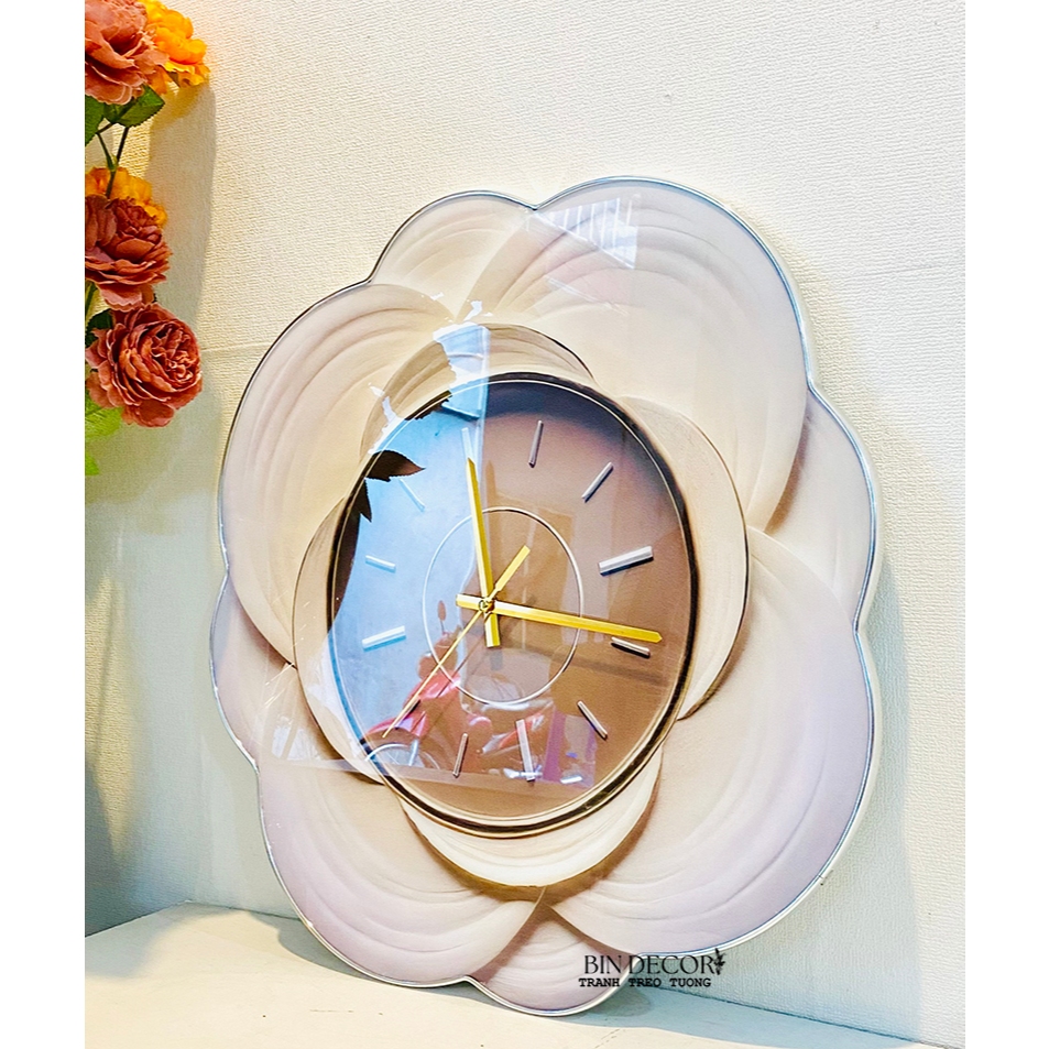 Tranh đồng hồ tráng gương mặt mica sáng bóng hoa cánh mỏng cách điệu kèm đinh và pin
