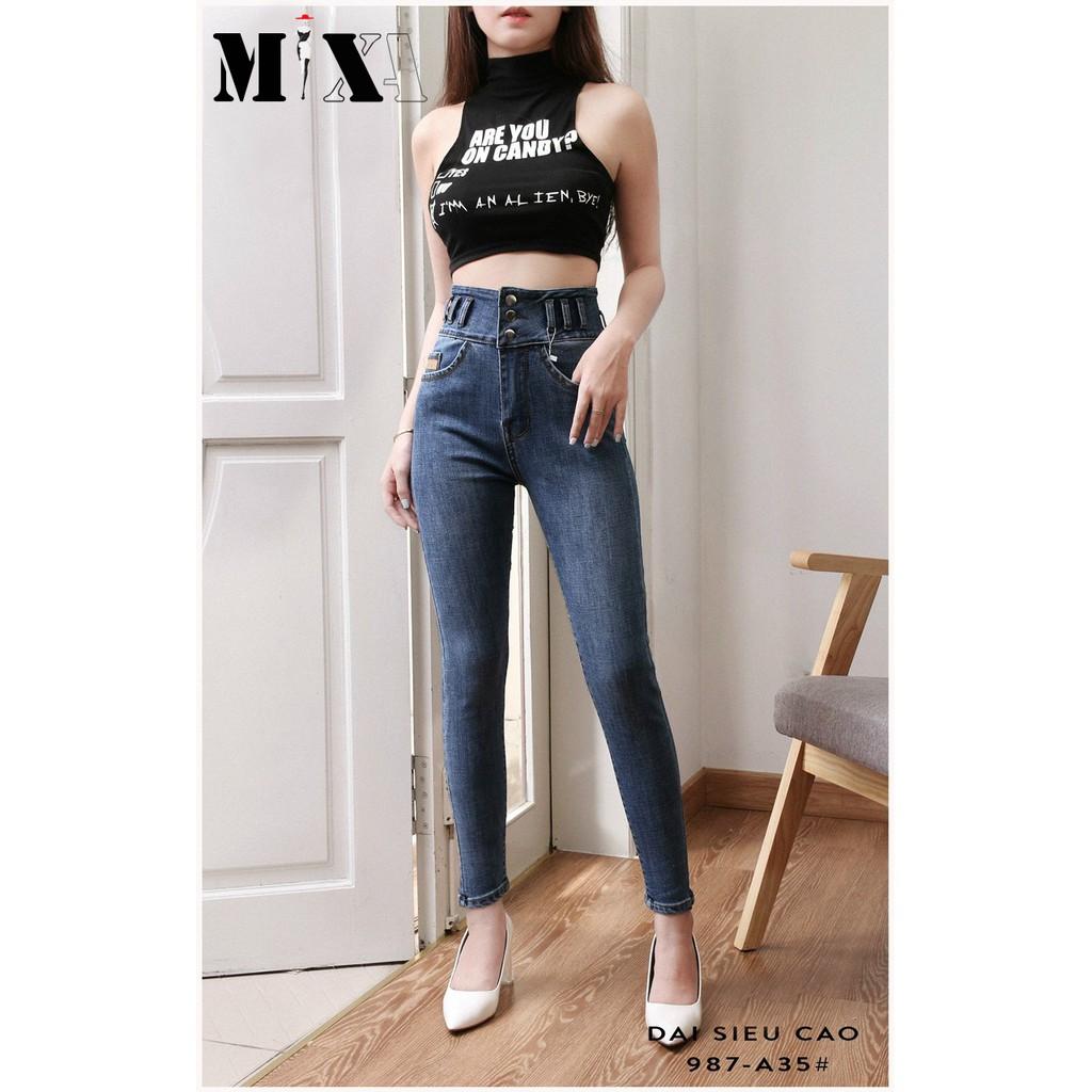 Quần jeans skinny cạp cao 3 cúc dài 98cm (có bigsize) - quần bò lưng siêu cao co giãn