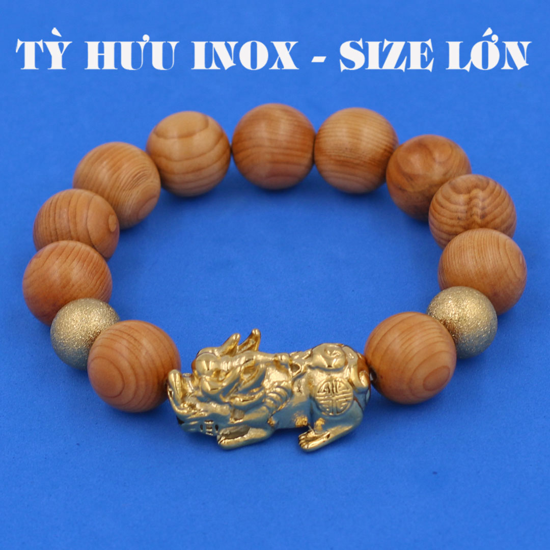 Vòng chuỗi đeo tay gỗ thủy tùng 15 ly  charm tỳ hưu và bi inox vàng, vòng tay chuỗi hạt