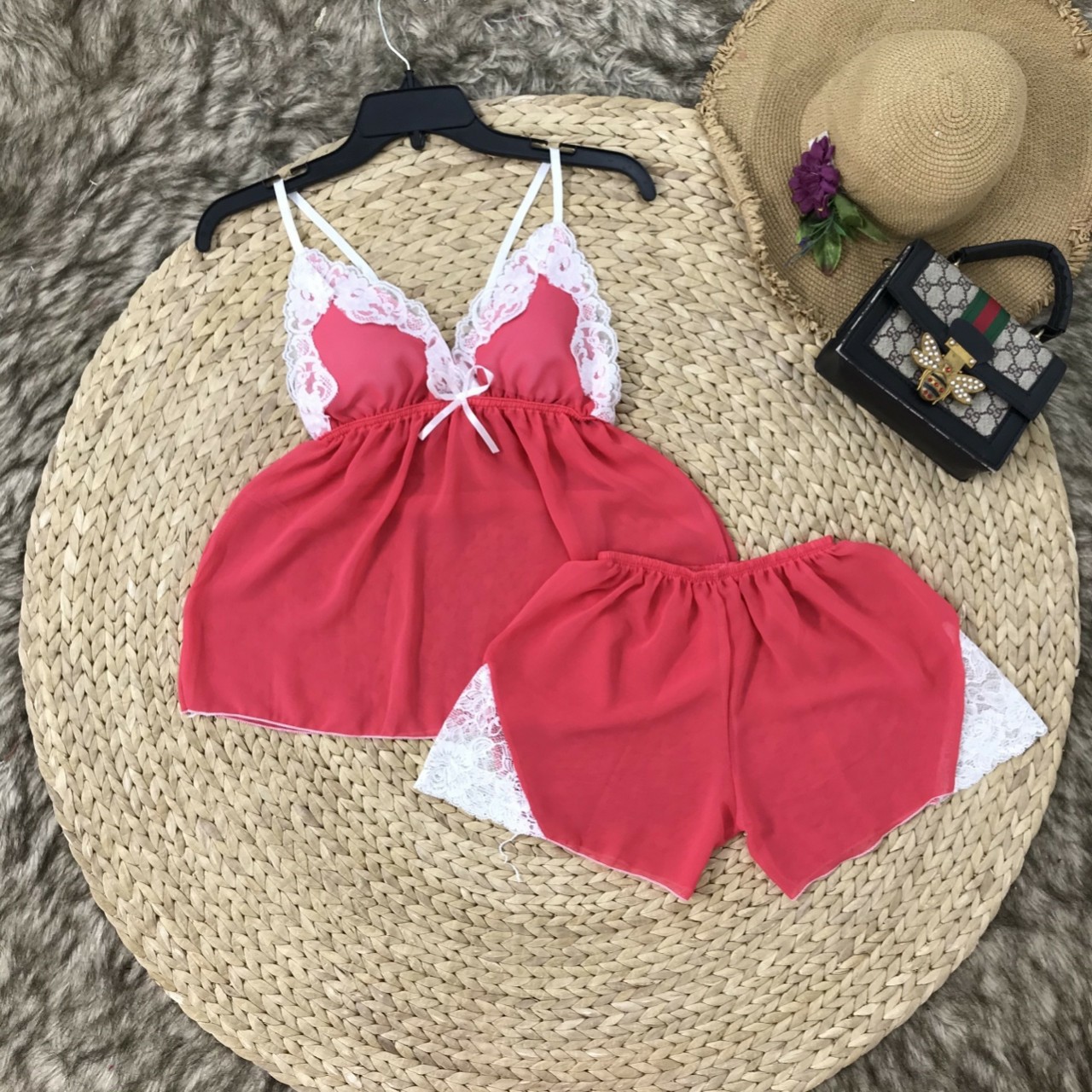 Bộ ngủ voan, bộ mặc nhà nữ sexy voan phối ren trắng cao cấp có mút ngực