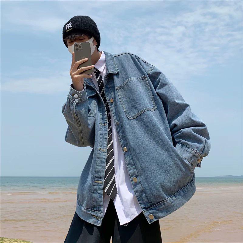 Hong Kong style retro light color denim jacket boys' spring and autumn Korean version trend loose and versatile casual fashion brand work jacket men's and women's lovers' casual versatile jacket