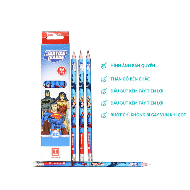 Hộp 12 bút chì 2B Hồng Hà có tẩy thân lục giác Justice League hình siêu nhân 3506