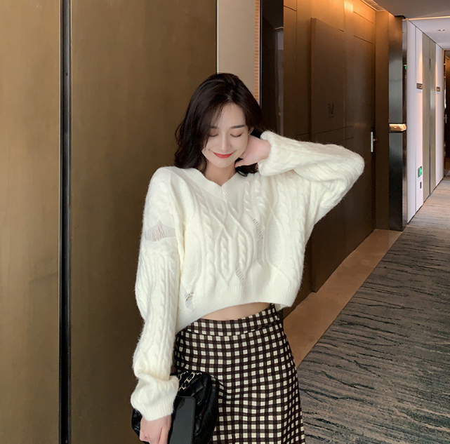 Áo len đuôi tôm xước cổ V dáng ngắn style Hàn Quốc len dệt kim hàng Quảng Châu