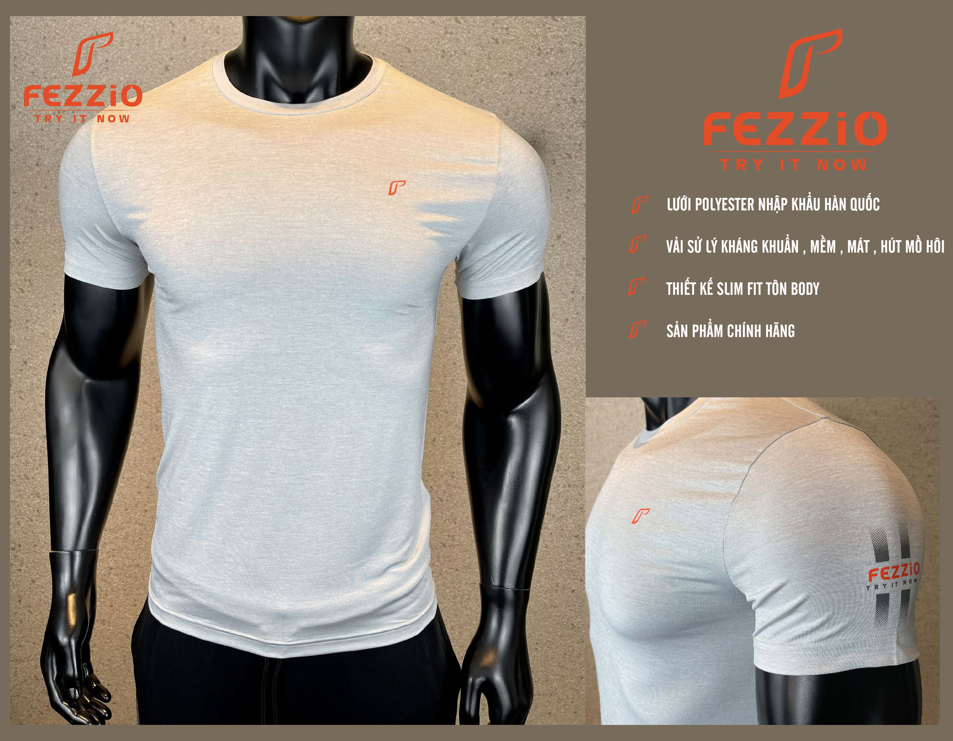Áo thun thể thao tập gym kiểu dáng cổ tròn ôm body năng động, trẻ trung chất vải nhập khẩu Đài Loan thương hiệu Fezzio – GRAY – XL