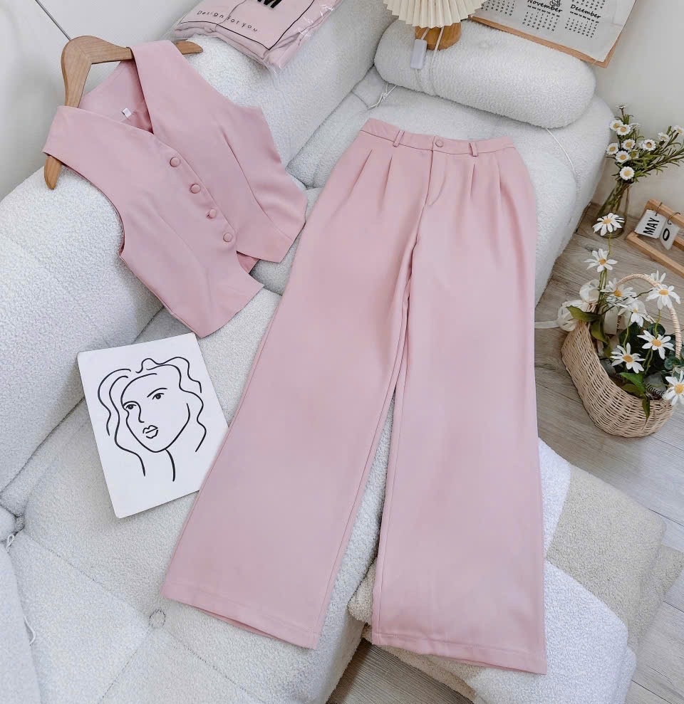 SET ÁO CROPTOP GILE HỒNG PASTEL + QUẦN TÂY DÀI LƯNG CAO ỐNG RỘNG ĐI CHƠI NOEL ĐI TIỆC GIÁNG SINH DẠO PHỐ ĐI BIỂN
