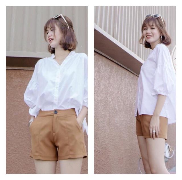 Áo cổ V tay phồng thắt nơ - trắng