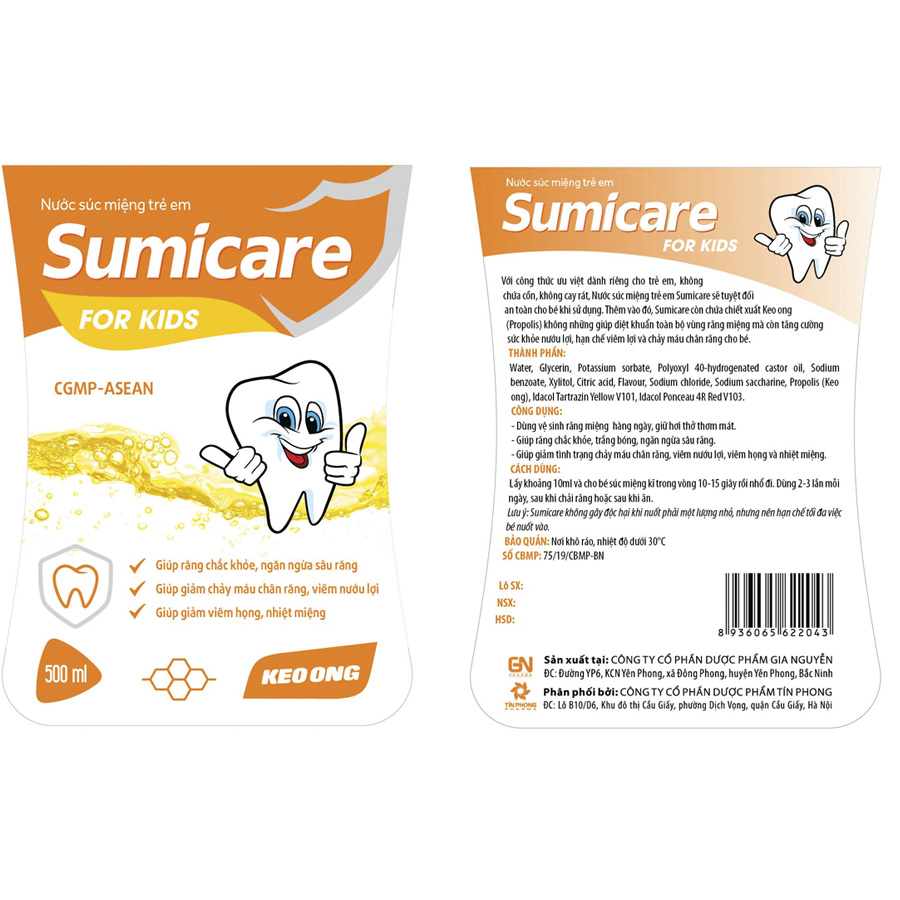 Nước Súc Miệng Sumicare Trẻ Em - Chiết xuất keo ong - Lọ 500 ml