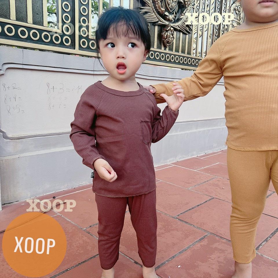 Bộ dài tay xoop - Bộ dài tay gân tăm chạy chỉ nổi túi cho bé BD11