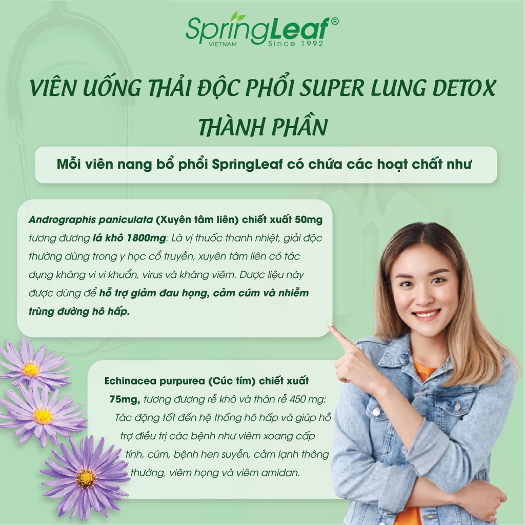 Thải độc phổi, thanh lọc phổi, giảm các bệnh về hô hấp, ho, tức ngực Viên uống thải độc phổi SpringLeaf Super Lung Detox 60 viên